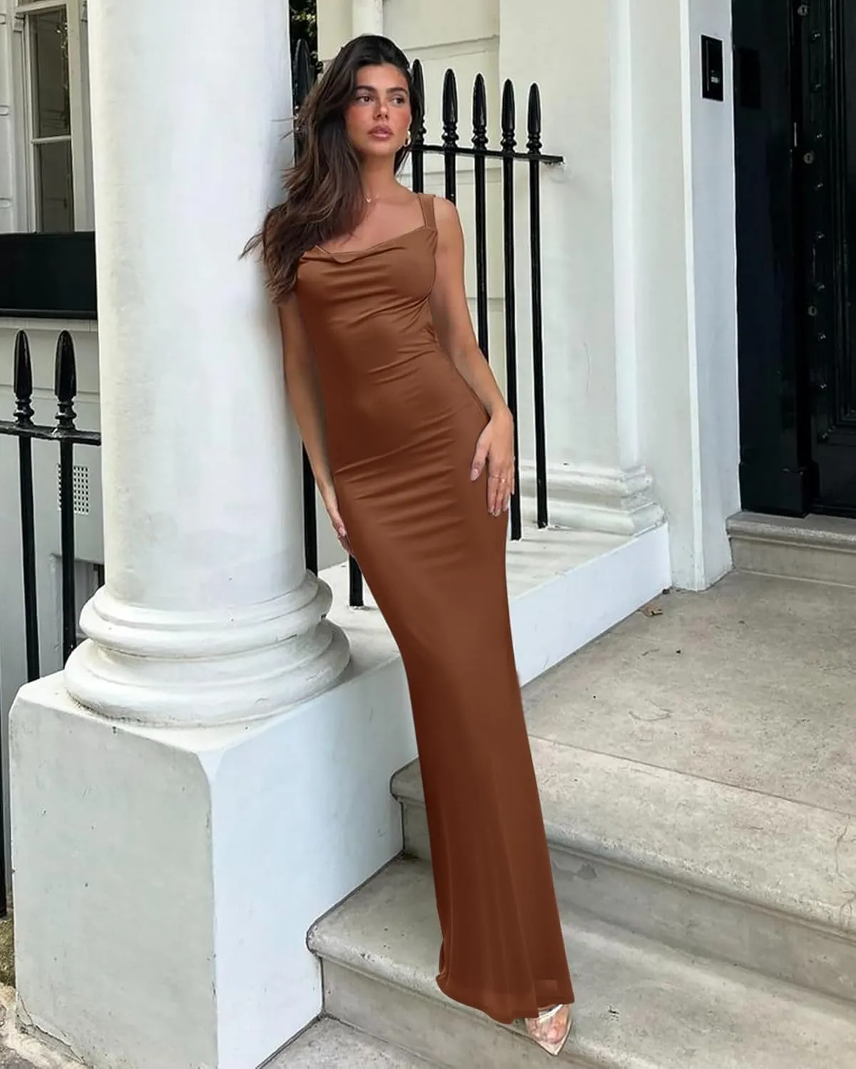 REORIA Women's Summer Cowl Neck Mesh Sleeveless Tank Dress Sexy Double Lined Bodycon Maxi Long Dresses