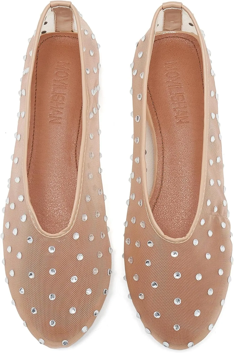 Rhinestone Mary Jane Ballet Flats for Women Crystal-Embellished Mesh Ballerina Shoes Comfortable Casual Dress Flat Shoe