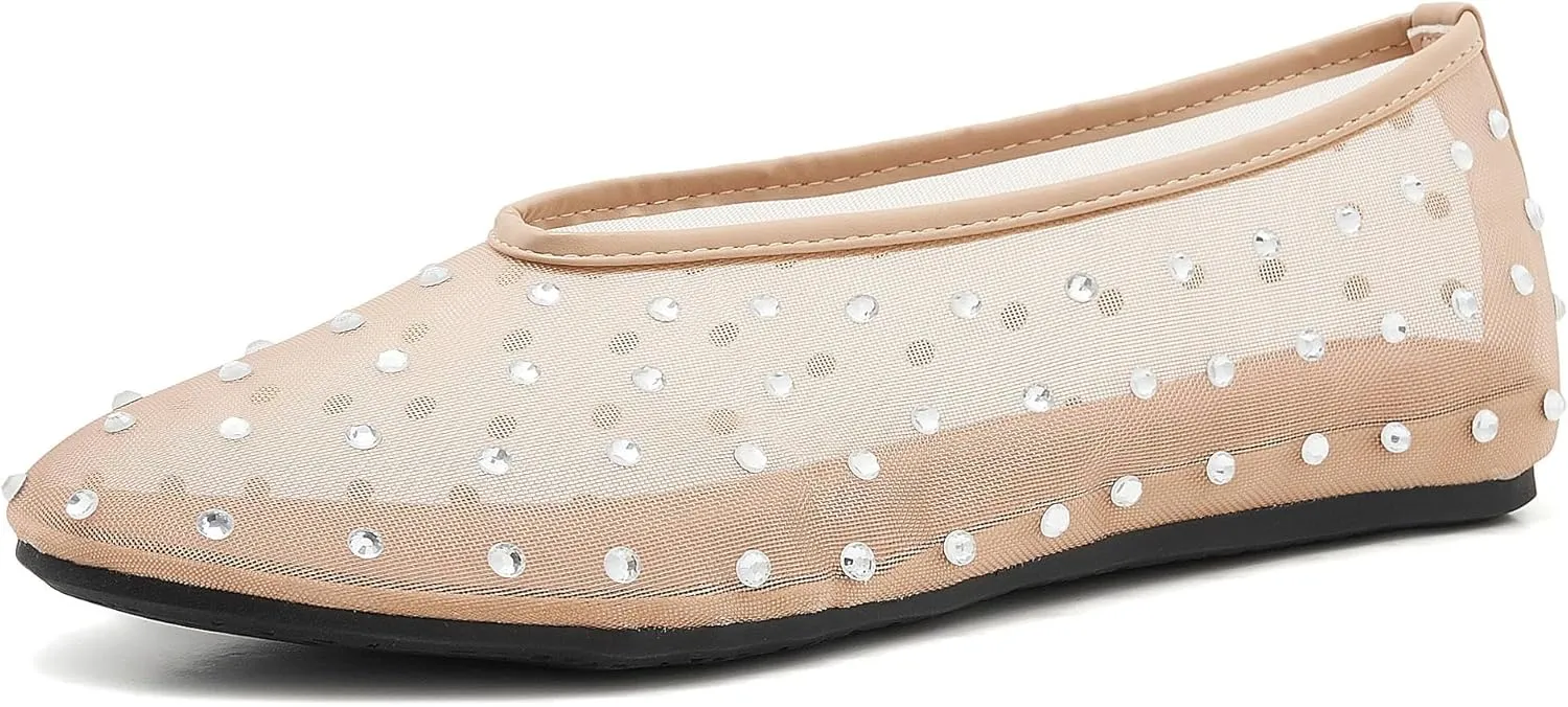 Rhinestone Mary Jane Ballet Flats for Women Crystal-Embellished Mesh Ballerina Shoes Comfortable Casual Dress Flat Shoe