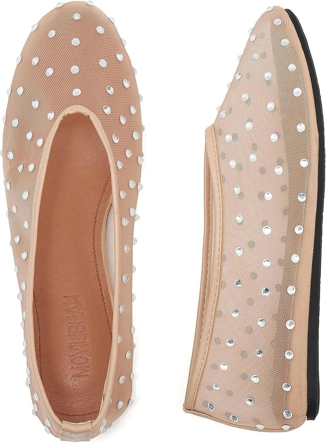 Rhinestone Mary Jane Ballet Flats for Women Crystal-Embellished Mesh Ballerina Shoes Comfortable Casual Dress Flat Shoe