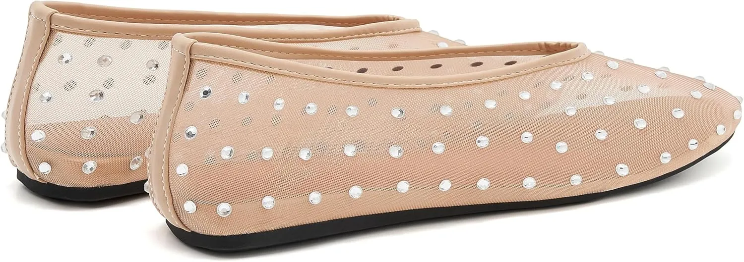 Rhinestone Mary Jane Ballet Flats for Women Crystal-Embellished Mesh Ballerina Shoes Comfortable Casual Dress Flat Shoe
