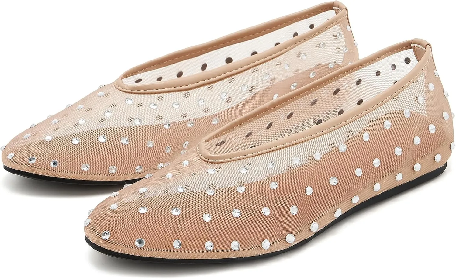 Rhinestone Mary Jane Ballet Flats for Women Crystal-Embellished Mesh Ballerina Shoes Comfortable Casual Dress Flat Shoe