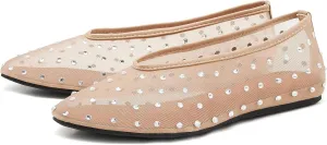 Rhinestone Mary Jane Ballet Flats for Women Crystal-Embellished Mesh Ballerina Shoes Comfortable Casual Dress Flat Shoe