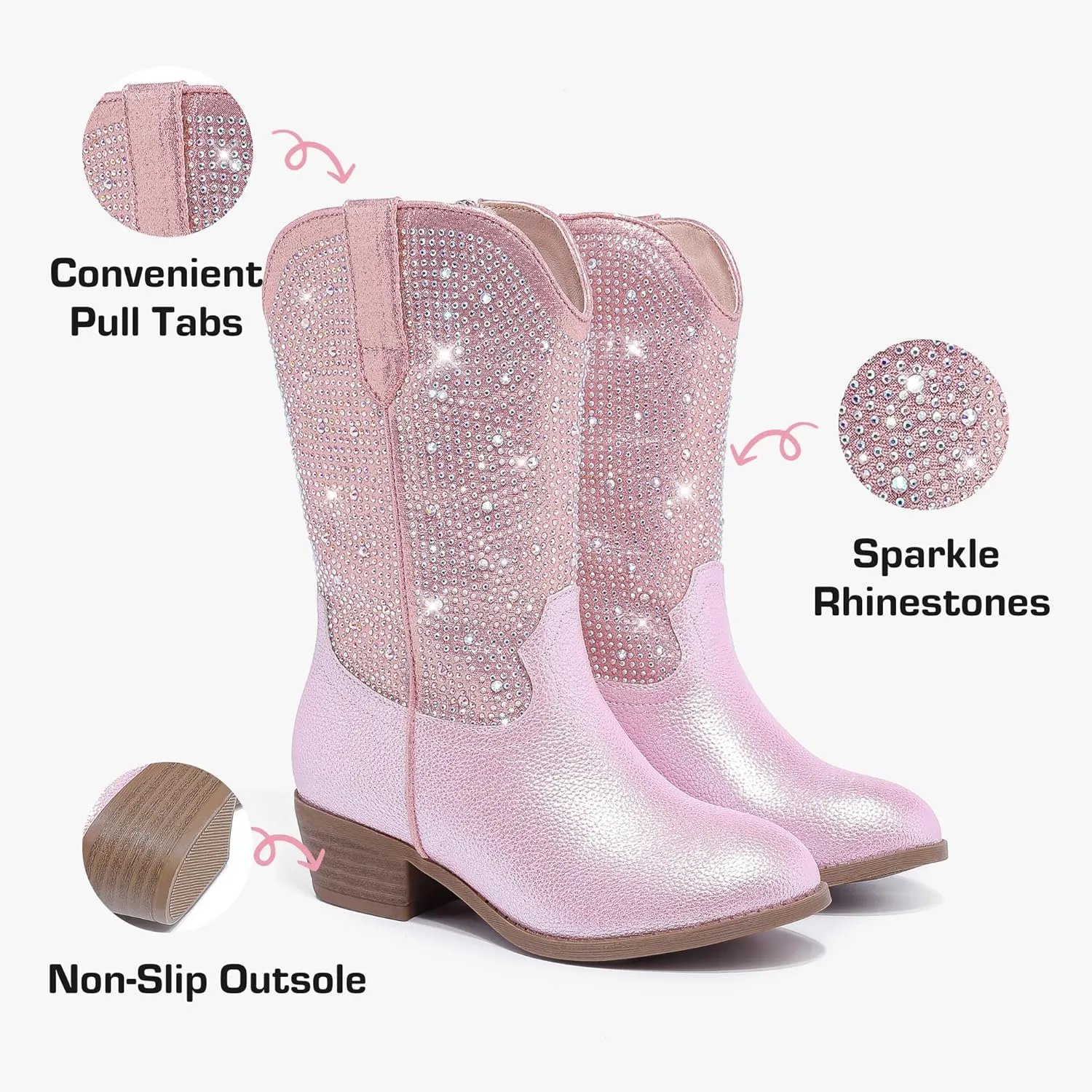 Rhinestone Sparkly Girls Cowgirl Cowboy Boots Little Kids Dress Boot Pointed Toes Low Heel Mid Calf Zipper Party Birthday Toddler to Big Kid