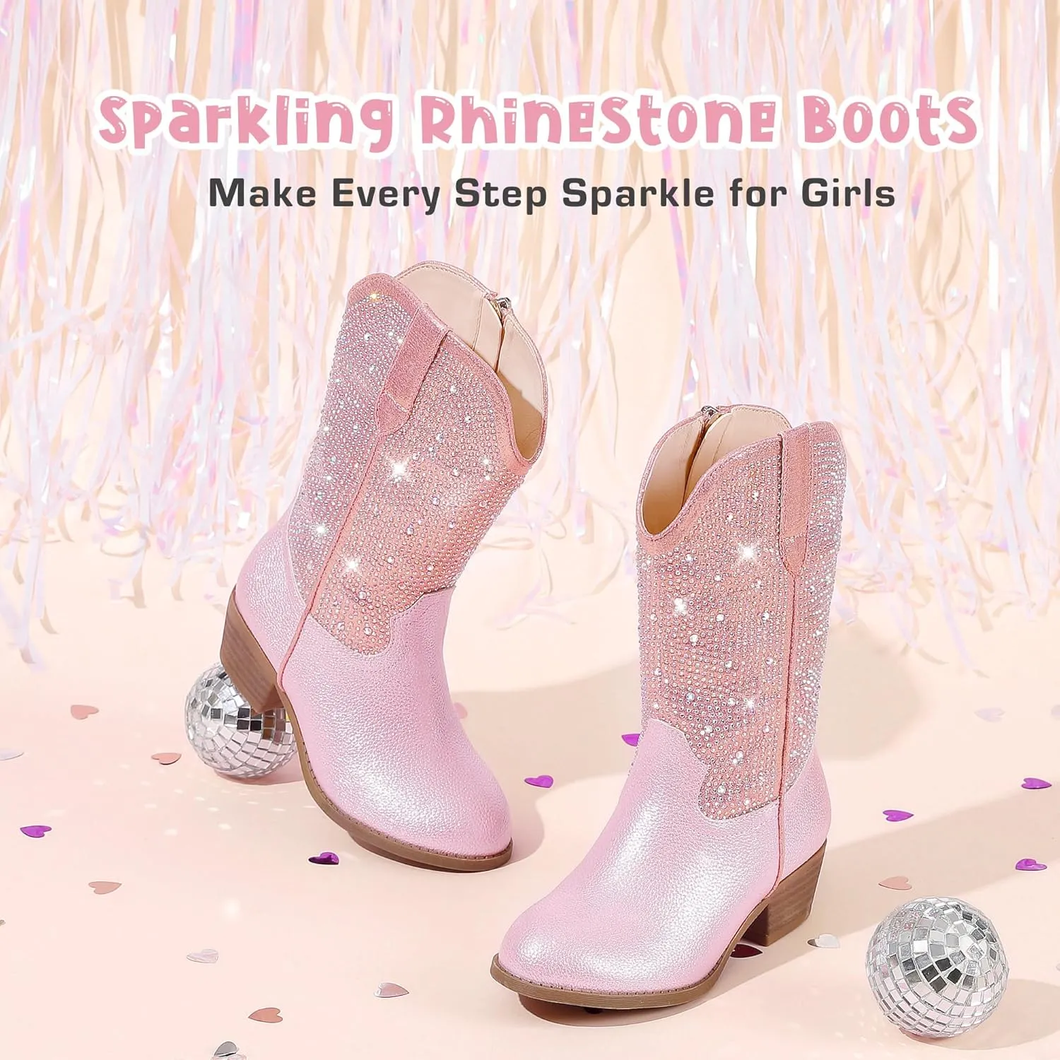 Rhinestone Sparkly Girls Cowgirl Cowboy Boots Little Kids Dress Boot Pointed Toes Low Heel Mid Calf Zipper Party Birthday Toddler to Big Kid