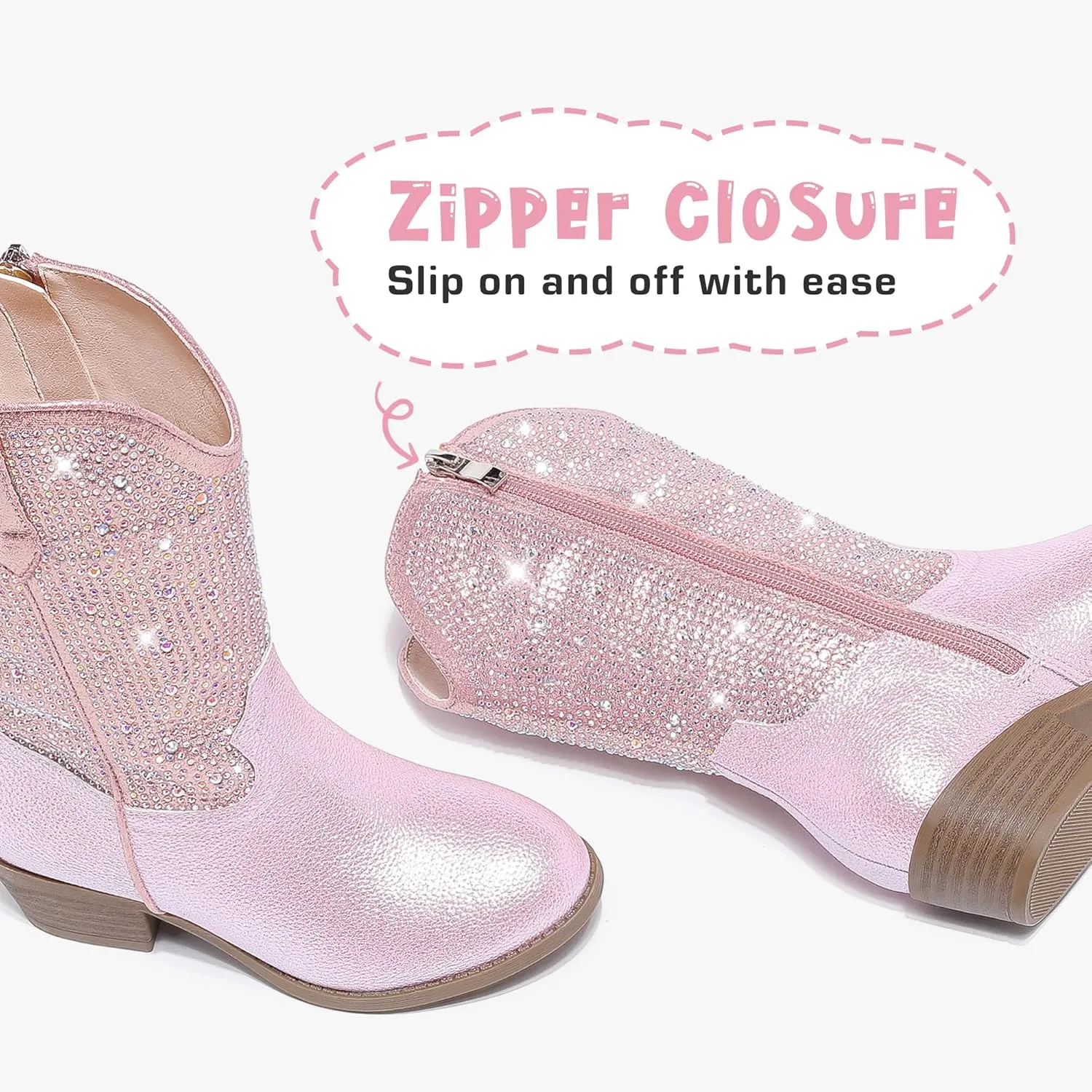 Rhinestone Sparkly Girls Cowgirl Cowboy Boots Little Kids Dress Boot Pointed Toes Low Heel Mid Calf Zipper Party Birthday Toddler to Big Kid