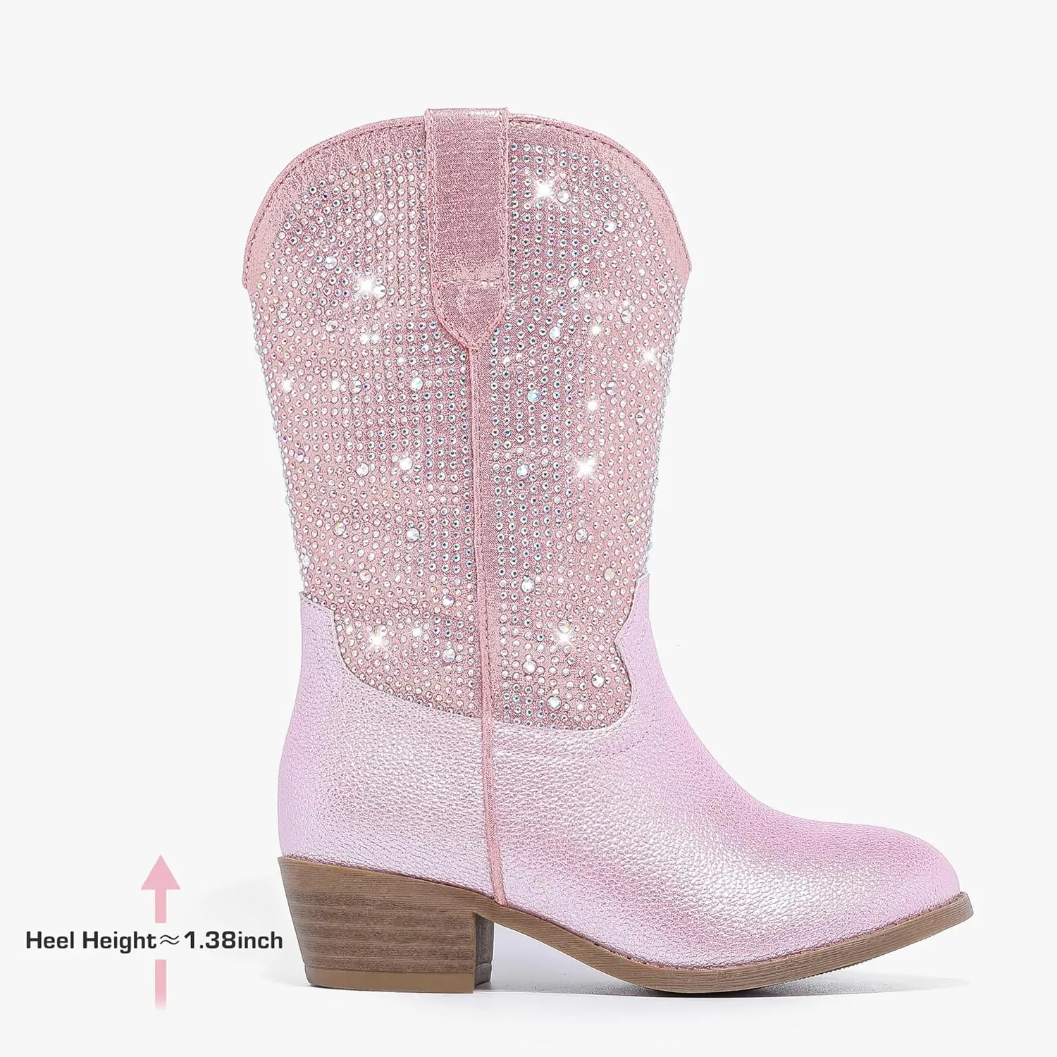 Rhinestone Sparkly Girls Cowgirl Cowboy Boots Little Kids Dress Boot Pointed Toes Low Heel Mid Calf Zipper Party Birthday Toddler to Big Kid