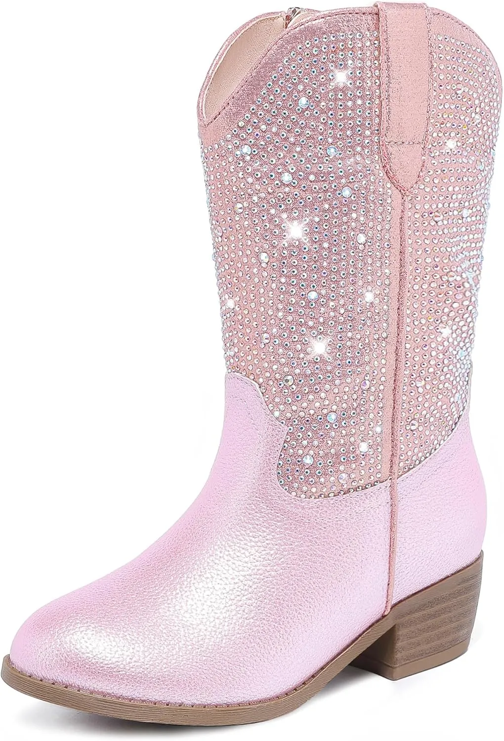 Rhinestone Sparkly Girls Cowgirl Cowboy Boots Little Kids Dress Boot Pointed Toes Low Heel Mid Calf Zipper Party Birthday Toddler to Big Kid