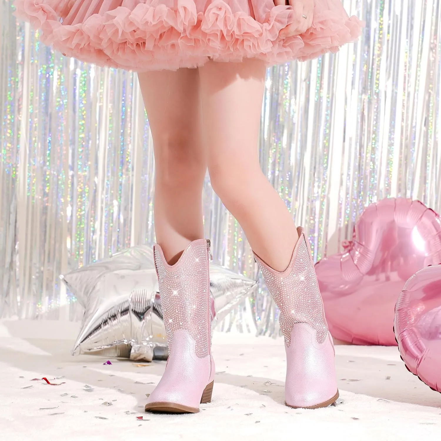 Rhinestone Sparkly Girls Cowgirl Cowboy Boots Little Kids Dress Boot Pointed Toes Low Heel Mid Calf Zipper Party Birthday Toddler to Big Kid
