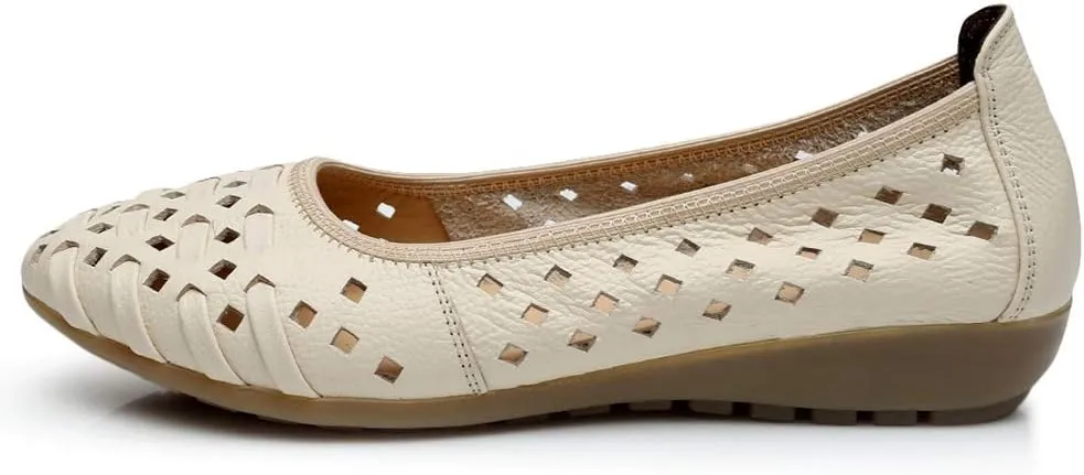 rismart Women's Hollow Comfort Slip On Leather Ballets Flats Shoes