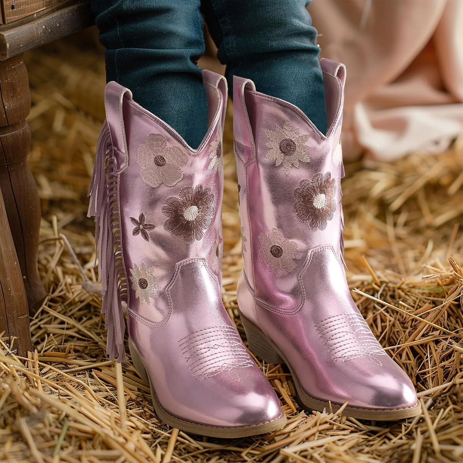 Rollda Girls Cowboy Boots Cowgirl Boots with Tassel Floral Embroidered Kids Western Boots for Toddler/Little Kid/Big Kid