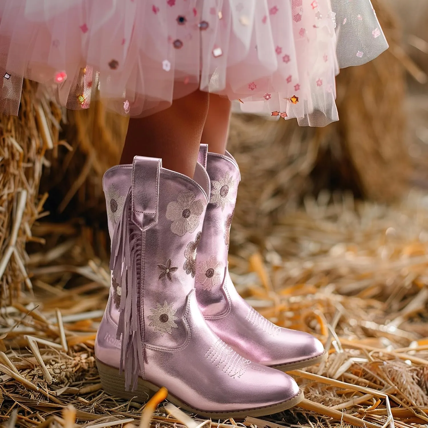 Rollda Girls Cowboy Boots Cowgirl Boots with Tassel Floral Embroidered Kids Western Boots for Toddler/Little Kid/Big Kid