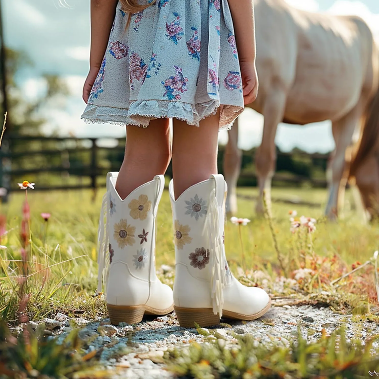 Rollda Girls Cowboy Boots Cowgirl Boots with Tassel Floral Embroidered Kids Western Boots for Toddler/Little Kid/Big Kid