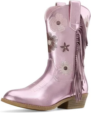 Rollda Girls Cowboy Boots Cowgirl Boots with Tassel Floral Embroidered Kids Western Boots for Toddler/Little Kid/Big Kid
