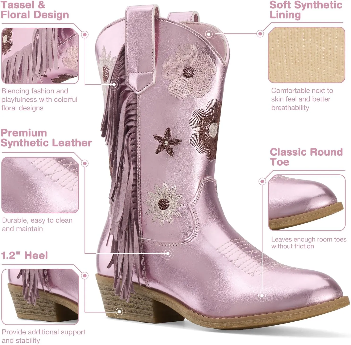Rollda Girls Cowboy Boots Cowgirl Boots with Tassel Floral Embroidered Kids Western Boots for Toddler/Little Kid/Big Kid