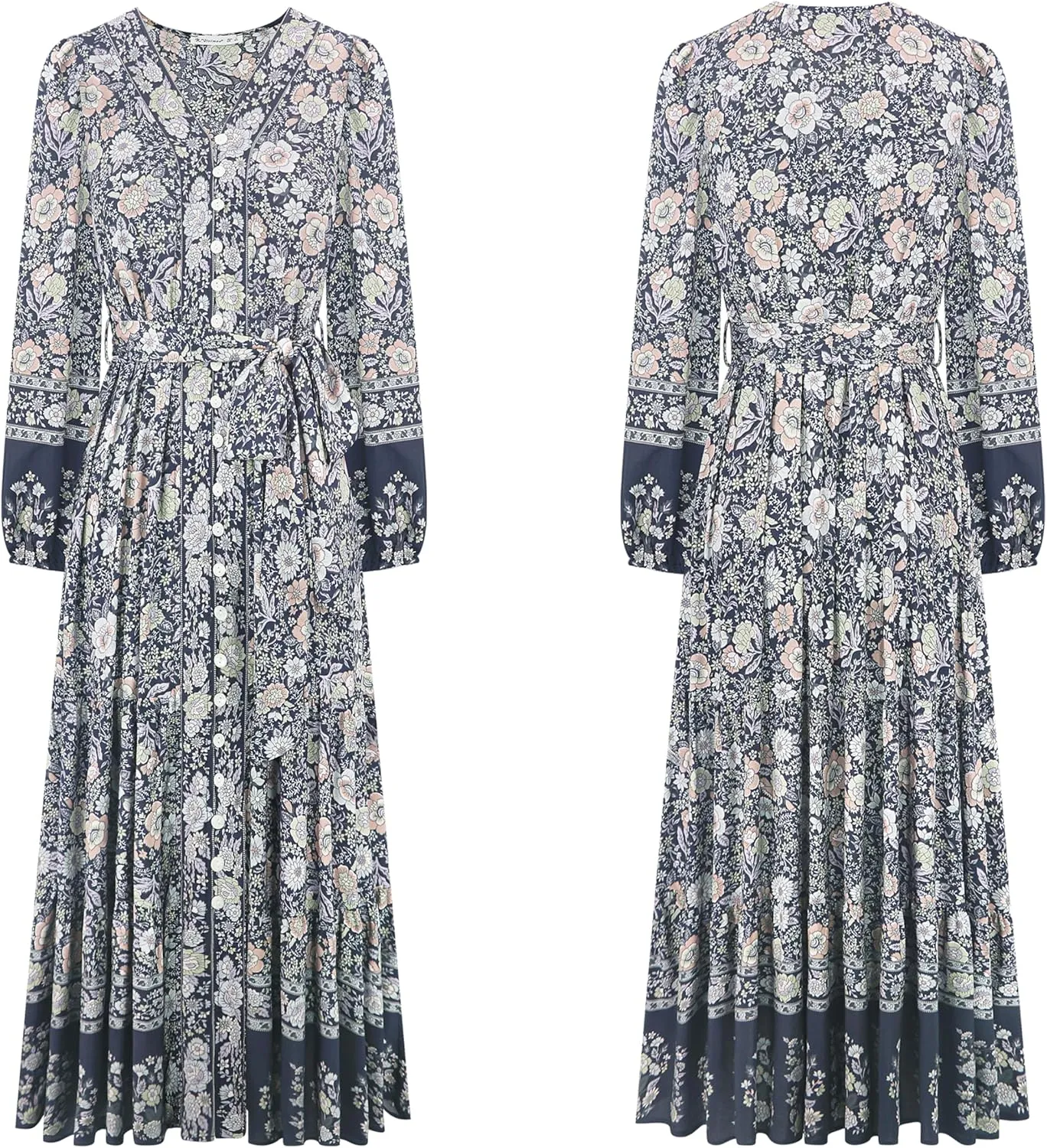 R.Vivimos Women's Long Sleeve Boho Midi Dress V Neck Floral Print Casual Button Down Loose Ruffle Beach Long Dress with Belt