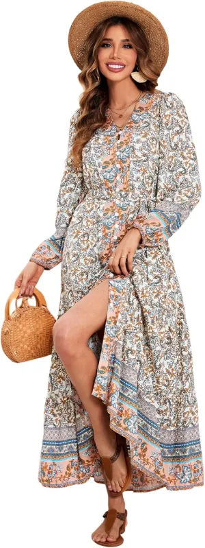 R.Vivimos Women's Long Sleeve Boho Midi Dress V Neck Floral Print Casual Button Down Loose Ruffle Beach Long Dress with Belt