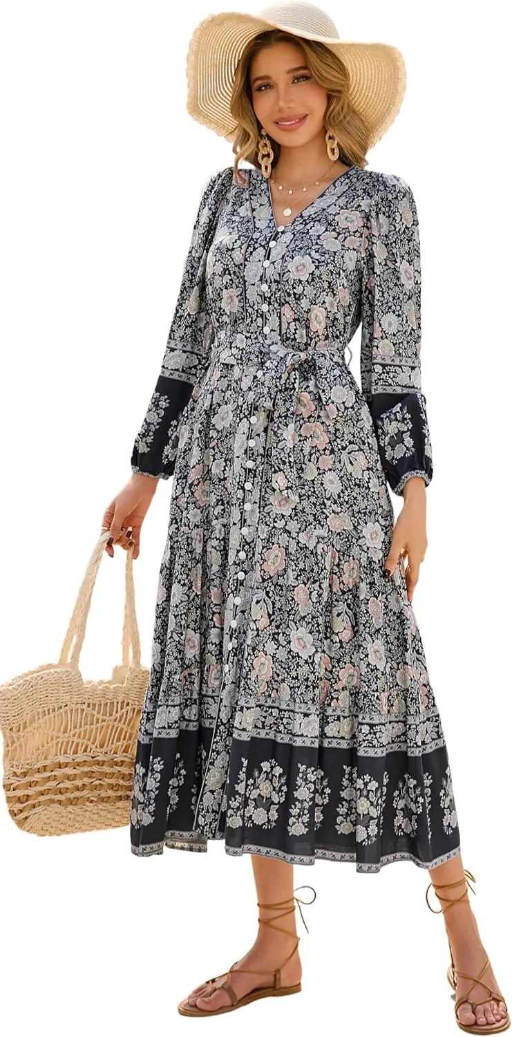 R.Vivimos Women's Long Sleeve Boho Midi Dress V Neck Floral Print Casual Button Down Loose Ruffle Beach Long Dress with Belt