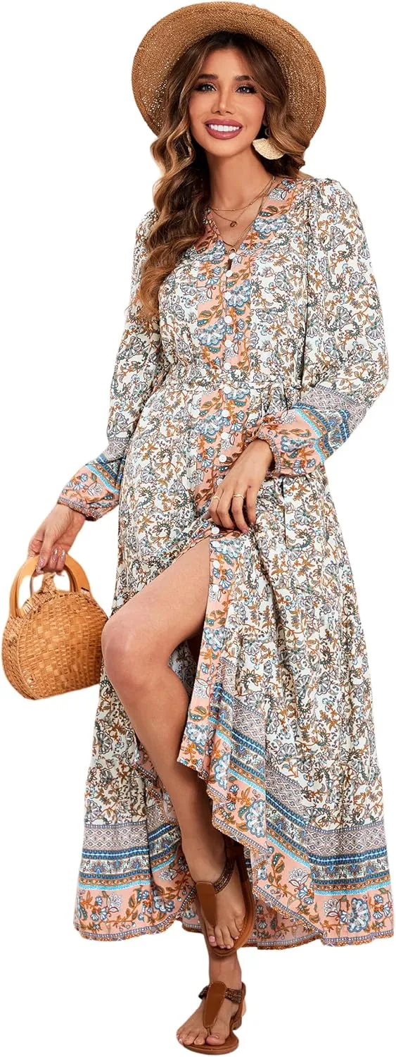 R.Vivimos Women's Long Sleeve Boho Midi Dress V Neck Floral Print Casual Button Down Loose Ruffle Beach Long Dress with Belt