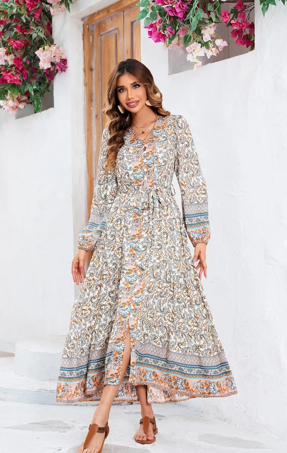 R.Vivimos Women's Long Sleeve Boho Midi Dress V Neck Floral Print Casual Button Down Loose Ruffle Beach Long Dress with Belt