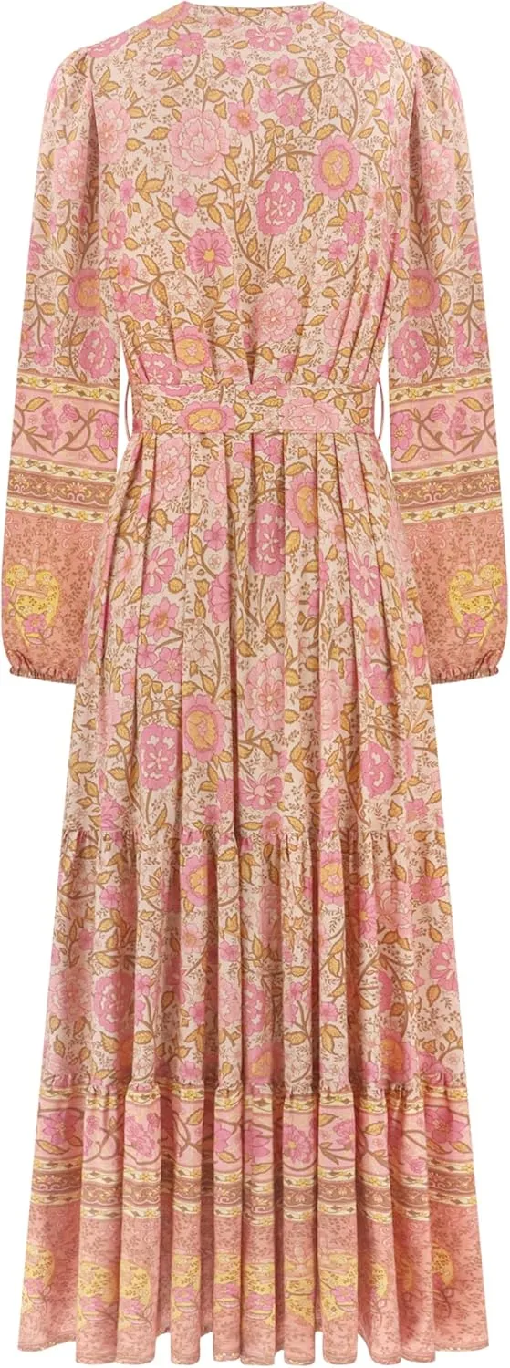 R.Vivimos Women's Long Sleeve Boho Midi Dress V Neck Floral Print Casual Button Down Loose Ruffle Beach Long Dress with Belt