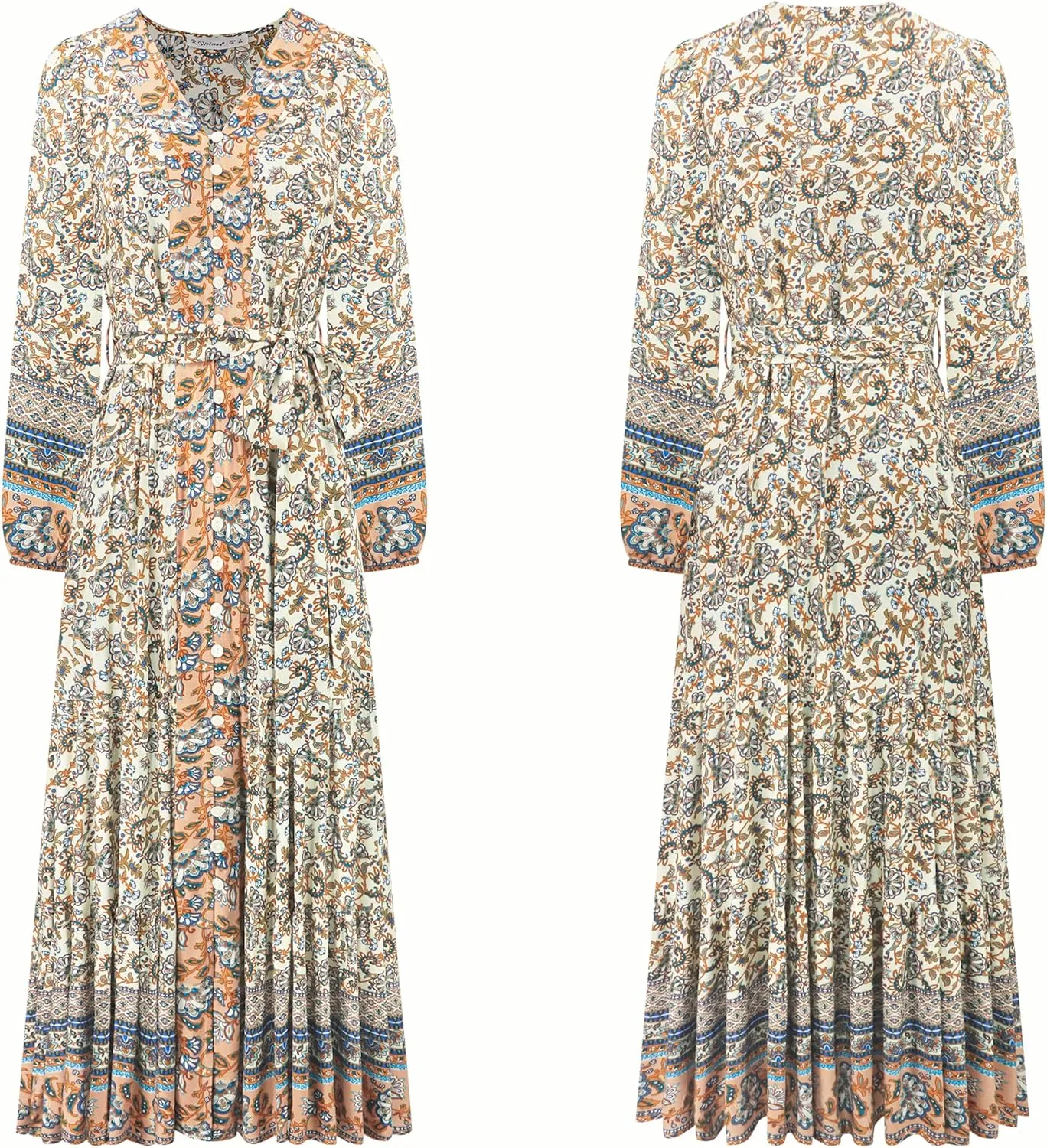 R.Vivimos Women's Long Sleeve Boho Midi Dress V Neck Floral Print Casual Button Down Loose Ruffle Beach Long Dress with Belt