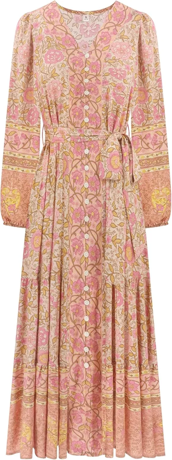 R.Vivimos Women's Long Sleeve Boho Midi Dress V Neck Floral Print Casual Button Down Loose Ruffle Beach Long Dress with Belt