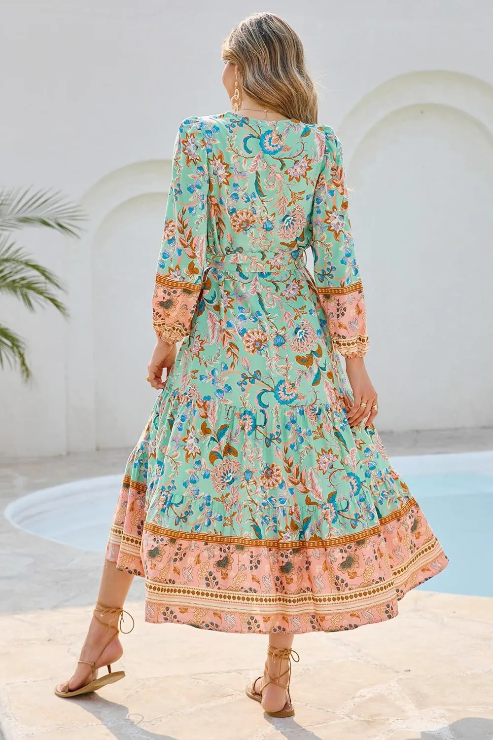 R.Vivimos Women's Long Sleeve Boho Midi Dress V Neck Floral Print Casual Button Down Loose Ruffle Beach Long Dress with Belt