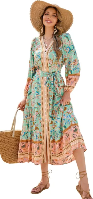 R.Vivimos Women's Long Sleeve Boho Midi Dress V Neck Floral Print Casual Button Down Loose Ruffle Beach Long Dress with Belt