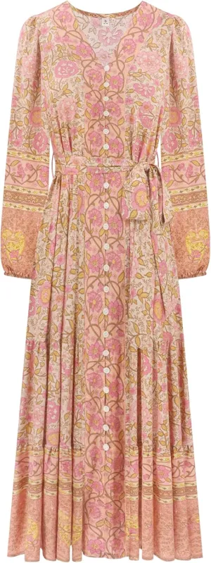 R.Vivimos Women's Long Sleeve Boho Midi Dress V Neck Floral Print Casual Button Down Loose Ruffle Beach Long Dress with Belt