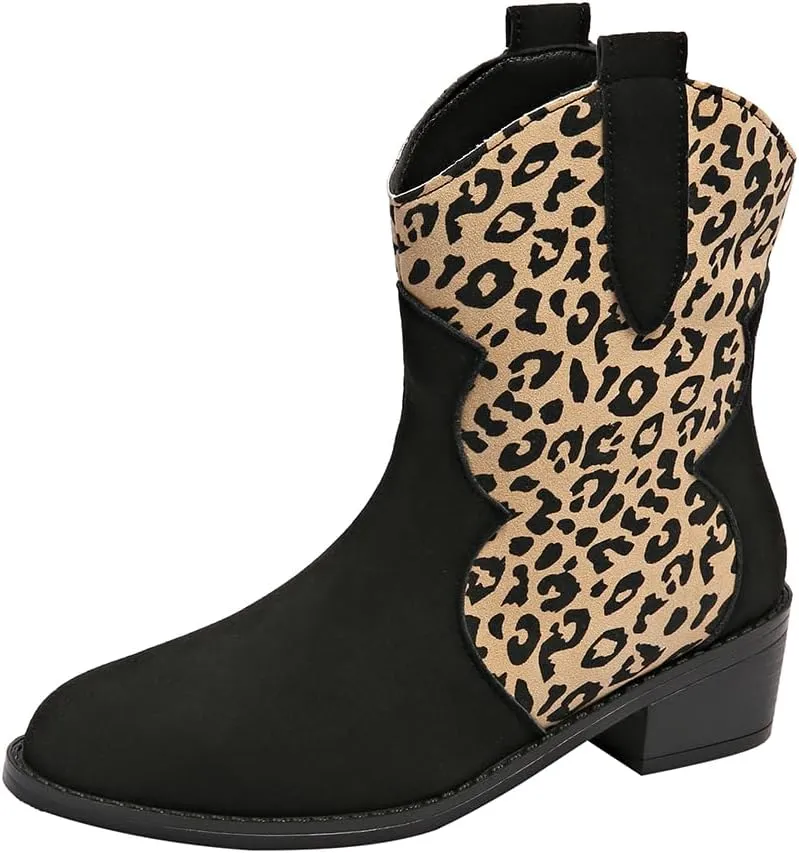SACFOF Cowboy Boots for Women Booties Stitched Leopard Printed Ankle Cowgirl Short Western Boots