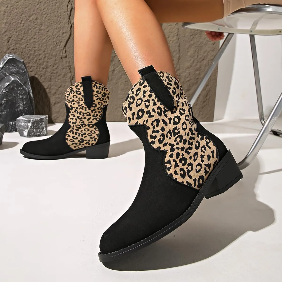 SACFOF Cowboy Boots for Women Booties Stitched Leopard Printed Ankle Cowgirl Short Western Boots