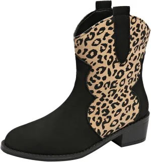 SACFOF Cowboy Boots for Women Booties Stitched Leopard Printed Ankle Cowgirl Short Western Boots