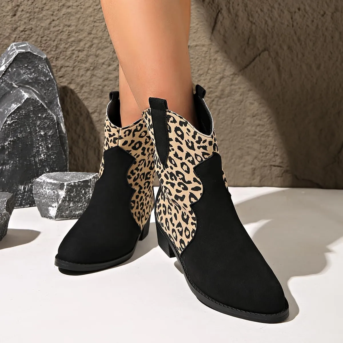 SACFOF Cowboy Boots for Women Booties Stitched Leopard Printed Ankle Cowgirl Short Western Boots