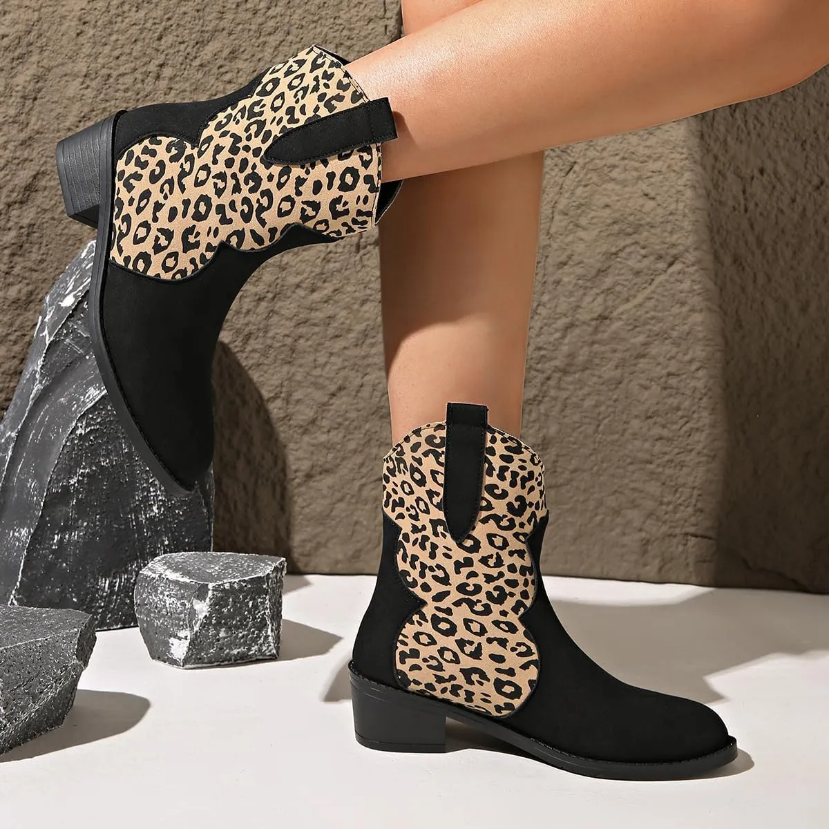 SACFOF Cowboy Boots for Women Booties Stitched Leopard Printed Ankle Cowgirl Short Western Boots