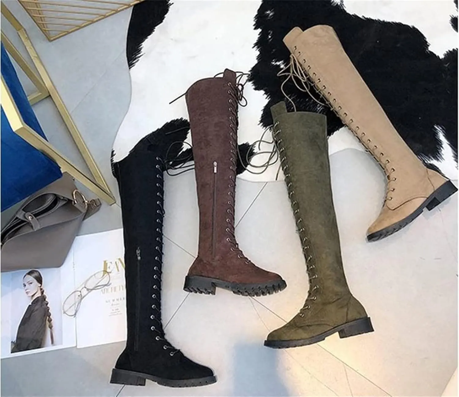 SACFOF Women's Over The Knee Low Heel Lace Up Tall Boots Thigh High Combat Casual Faux Suede Thigh High Riding Boots