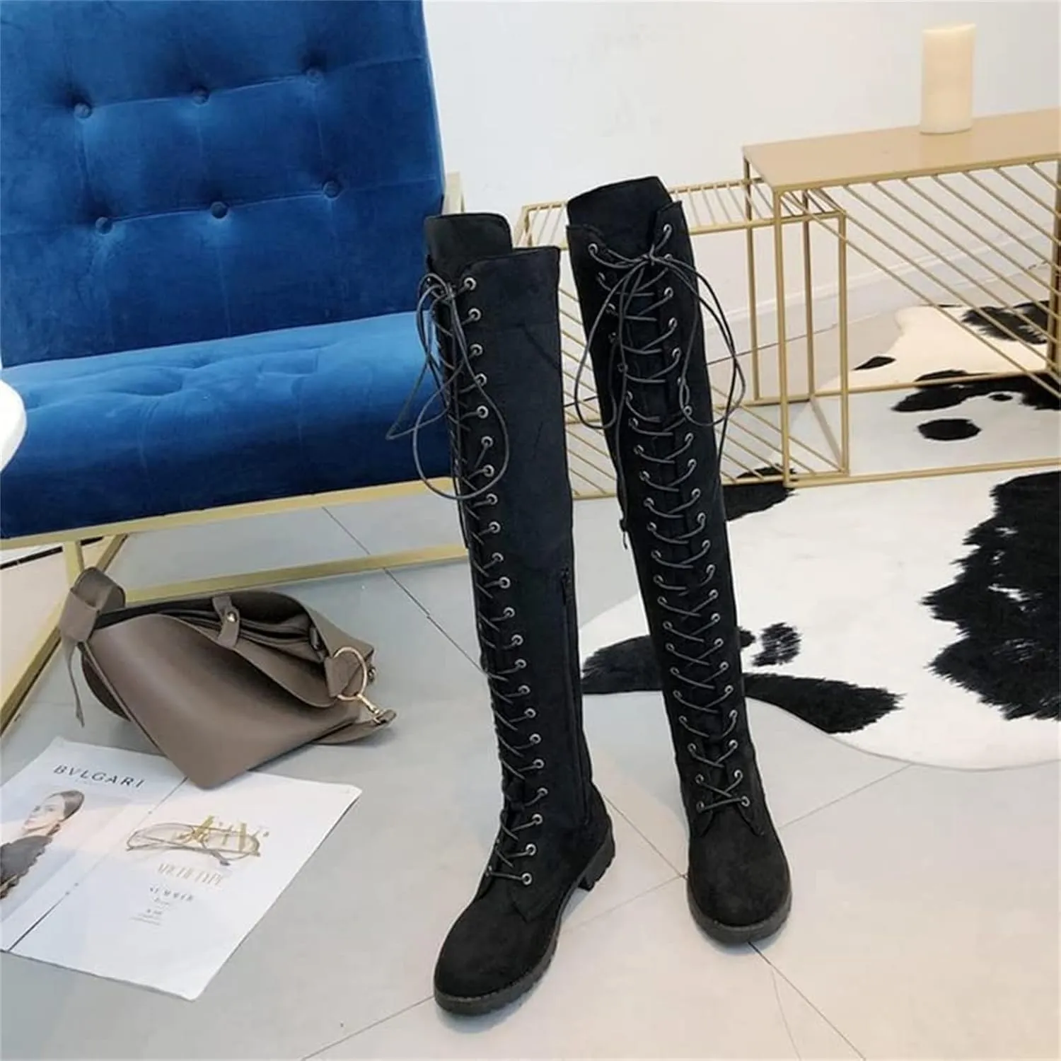 SACFOF Women's Over The Knee Low Heel Lace Up Tall Boots Thigh High Combat Casual Faux Suede Thigh High Riding Boots