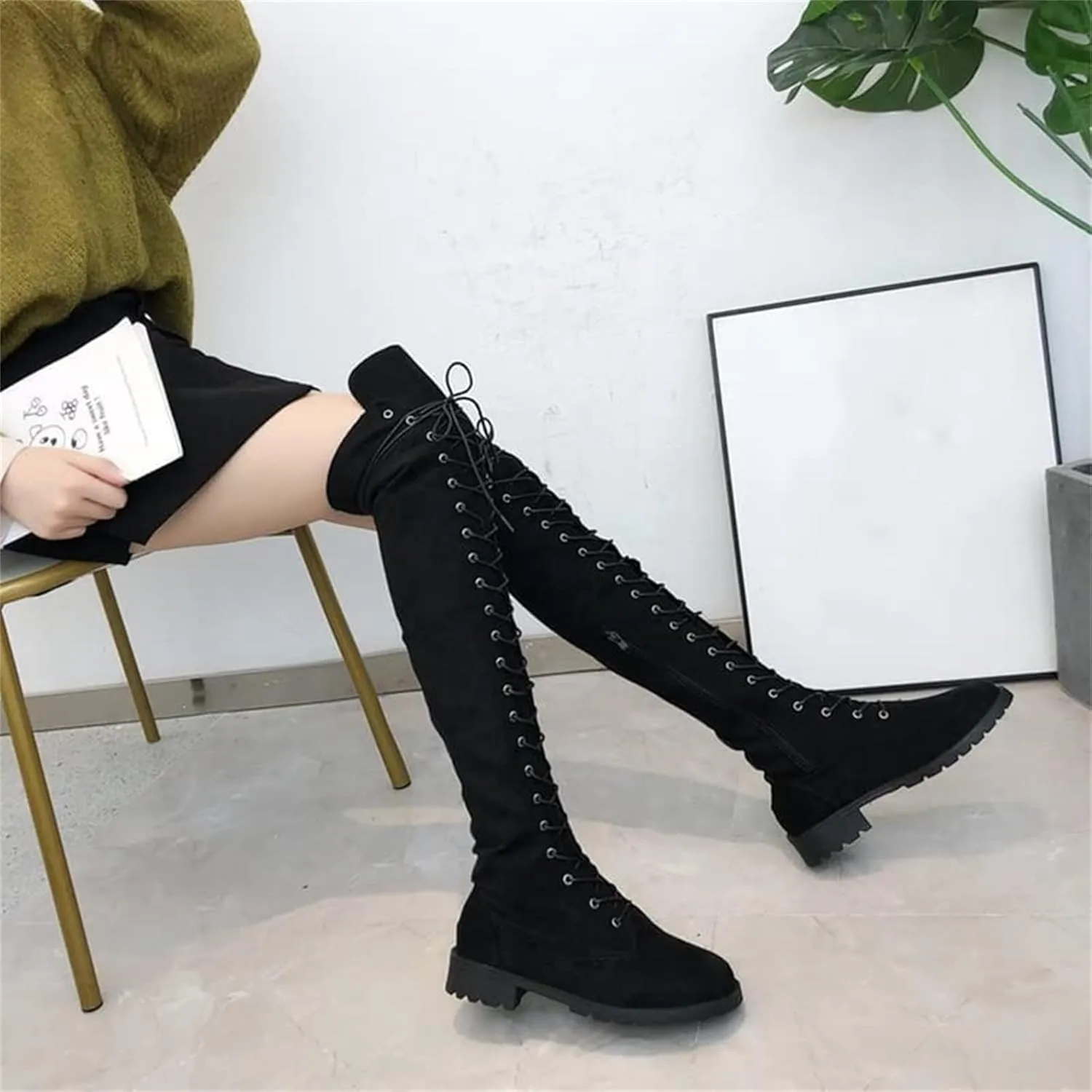 SACFOF Women's Over The Knee Low Heel Lace Up Tall Boots Thigh High Combat Casual Faux Suede Thigh High Riding Boots