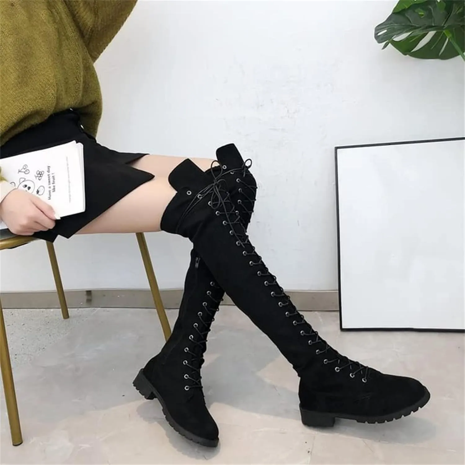 SACFOF Women's Over The Knee Low Heel Lace Up Tall Boots Thigh High Combat Casual Faux Suede Thigh High Riding Boots