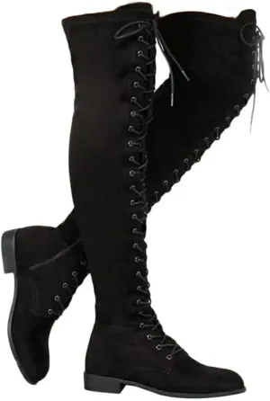SACFOF Women's Over The Knee Low Heel Lace Up Tall Boots Thigh High Combat Casual Faux Suede Thigh High Riding Boots