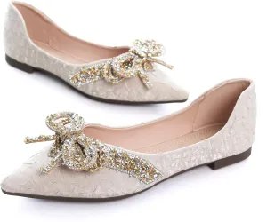 SAILING LU Sequins Flats Bow-Knot Shoes Women Dressy Pointed Toe Bridal Shoes for Wedding Comfortable Loafers Slip-ons