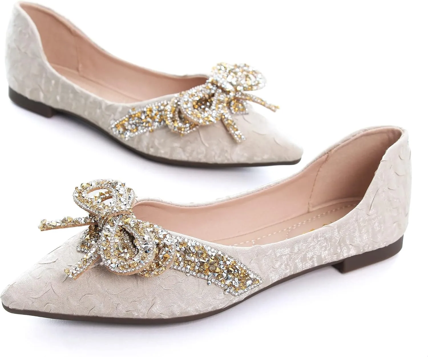 SAILING LU Sequins Flats Bow-Knot Shoes Women Dressy Pointed Toe Bridal Shoes for Wedding Comfortable Loafers Slip-ons