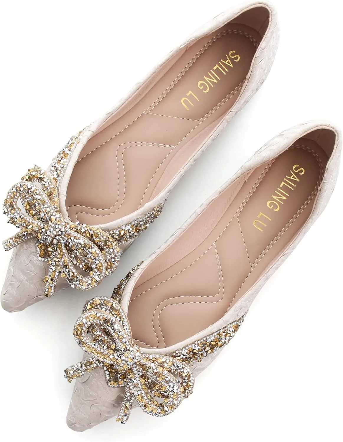 SAILING LU Sequins Flats Bow-Knot Shoes Women Dressy Pointed Toe Bridal Shoes for Wedding Comfortable Loafers Slip-ons