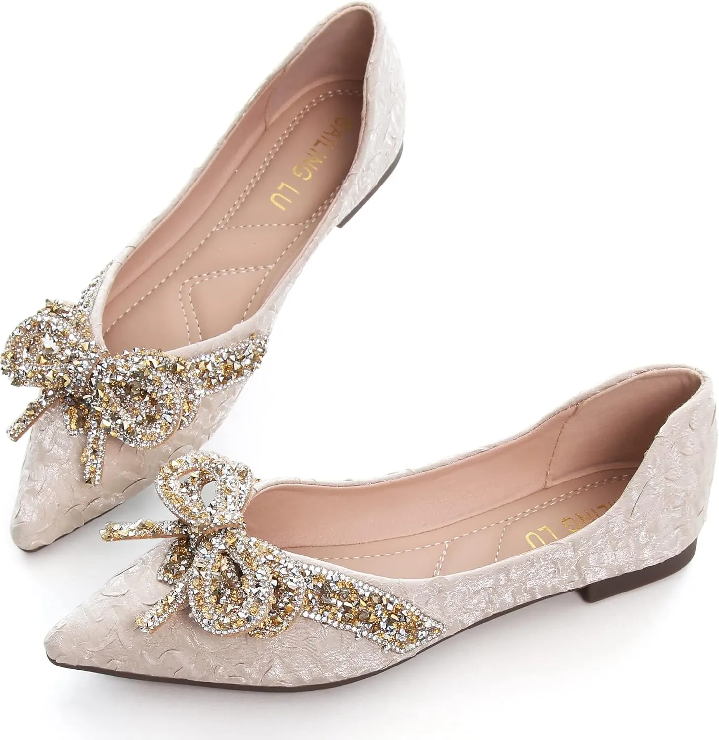 SAILING LU Sequins Flats Bow-Knot Shoes Women Dressy Pointed Toe Bridal Shoes for Wedding Comfortable Loafers Slip-ons