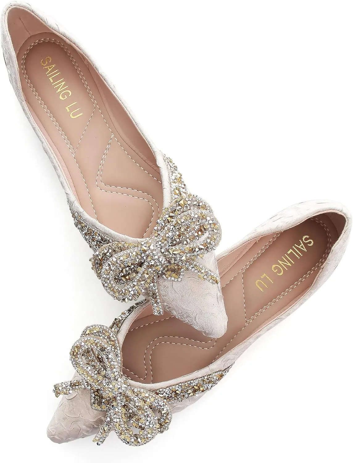 SAILING LU Sequins Flats Bow-Knot Shoes Women Dressy Pointed Toe Bridal Shoes for Wedding Comfortable Loafers Slip-ons
