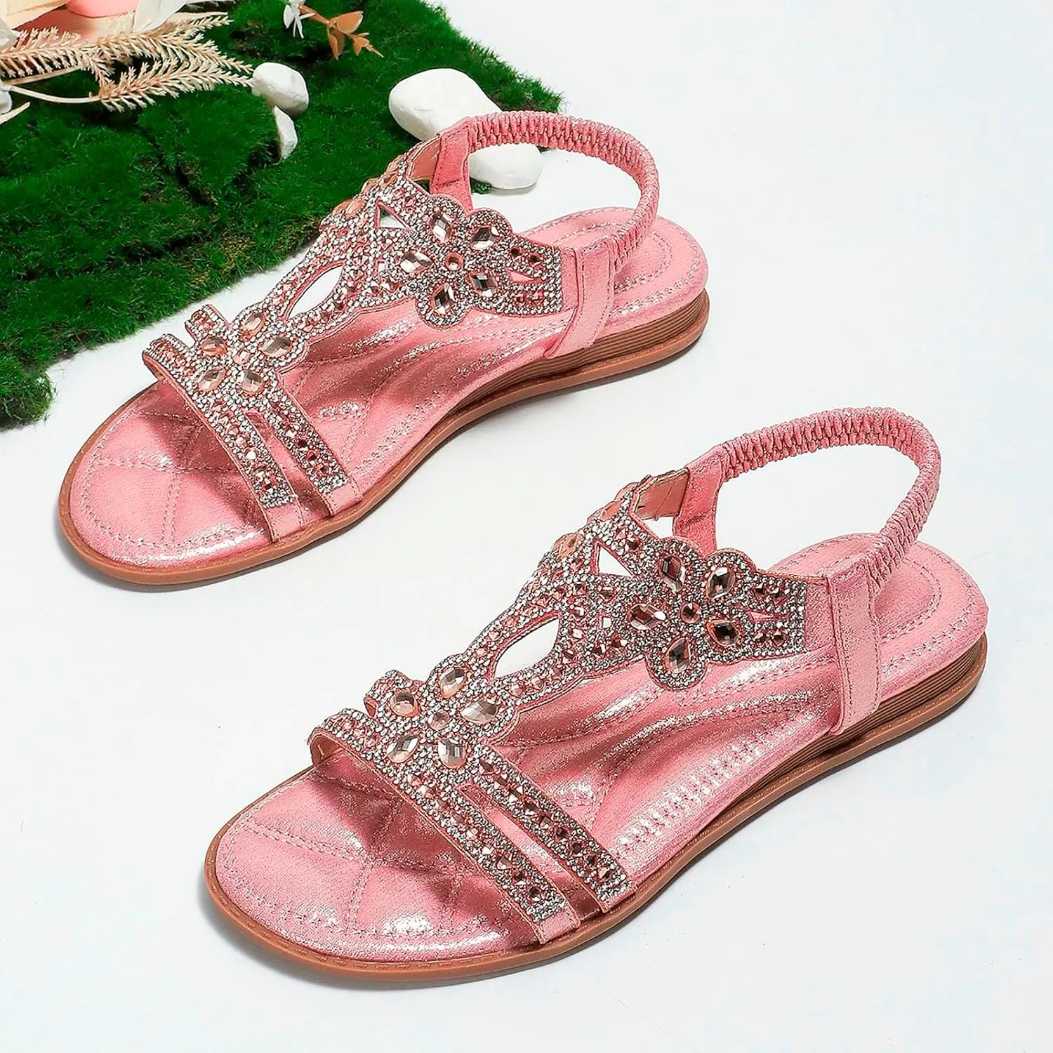 Sandals for Women 2025 Wide Width Sparkly Rhinestone Ankle Strap Dressy Flat Slides Ladies Summer Shoes