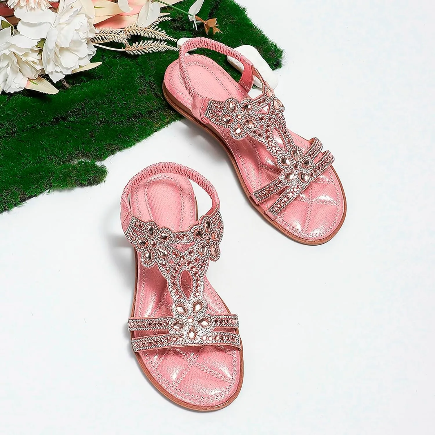 Sandals for Women 2025 Wide Width Sparkly Rhinestone Ankle Strap Dressy Flat Slides Ladies Summer Shoes