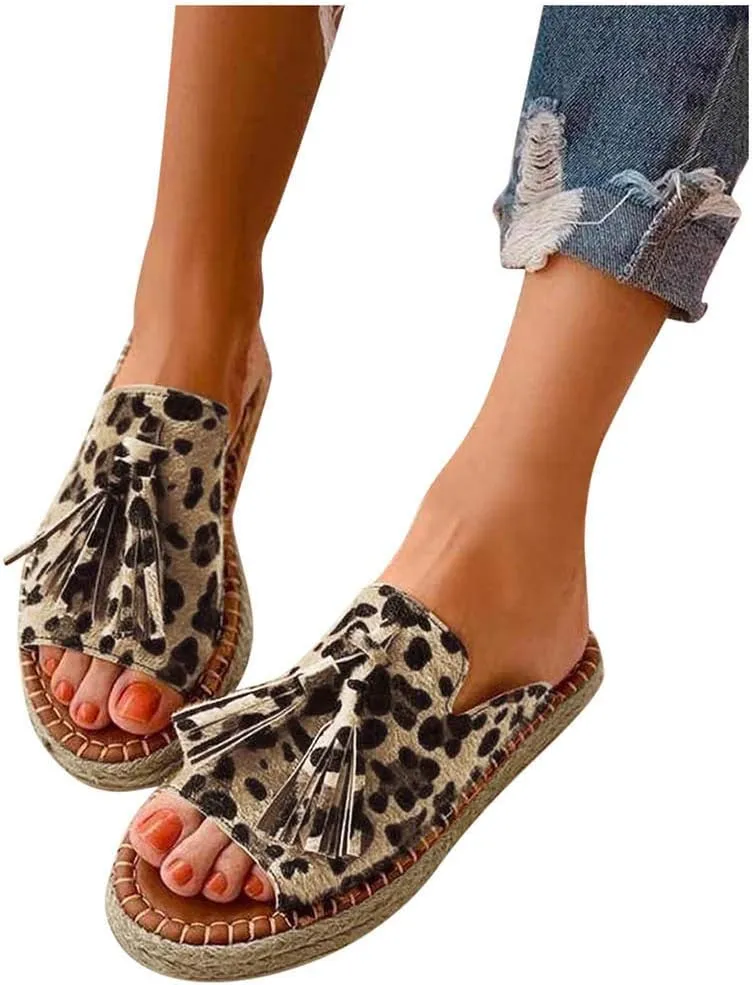 Sandals Women Dressy Summer Flat Slide Casual Espadrille Braided Tassel Hem Open toe Falt Straw Peep toe