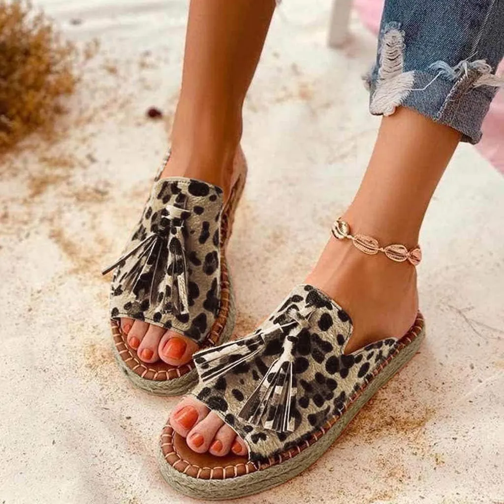 Sandals Women Dressy Summer Flat Slide Casual Espadrille Braided Tassel Hem Open toe Falt Straw Peep toe