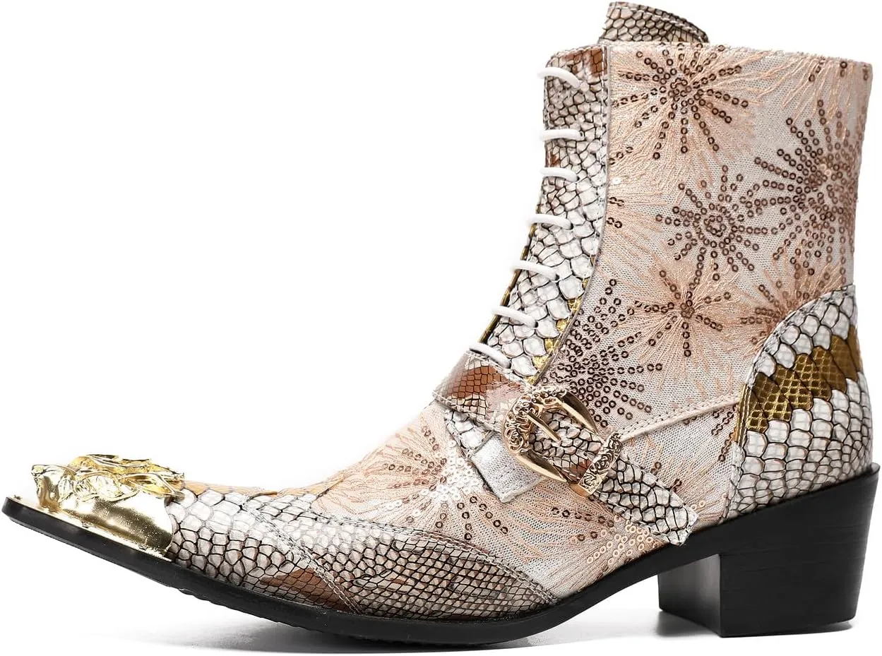 Santimon Cowboy Boots for Men Casual Dress Motorcycle Boots Genuine Leather Metal Pointed Toe Oxfords Boots Shining Sequins Fashion Belt Buckle Party Disco Singer Western Boots for Men